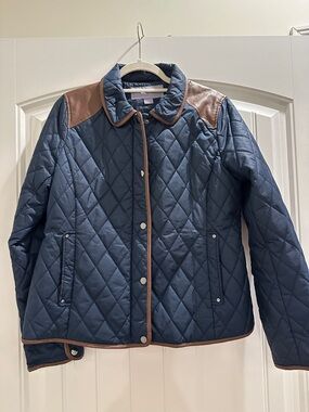 Laura Scott Quilted Navy Puffer Jacket with Brown Trim
